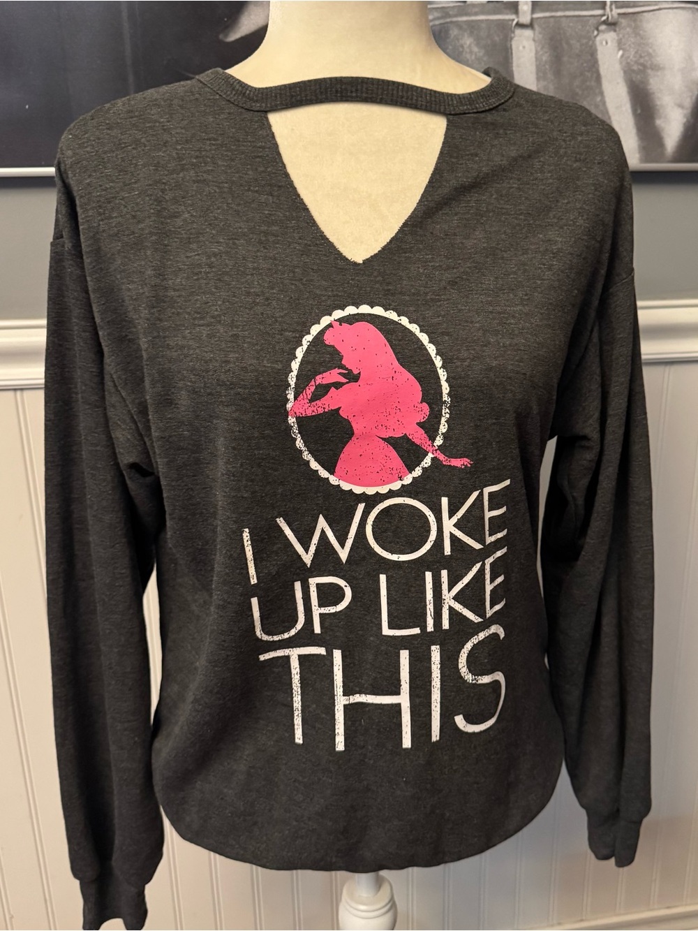 Disney Parks Sleeping Beauty Gray Long Sleeve Sweatshirt Keyhole Cut-Out Size S